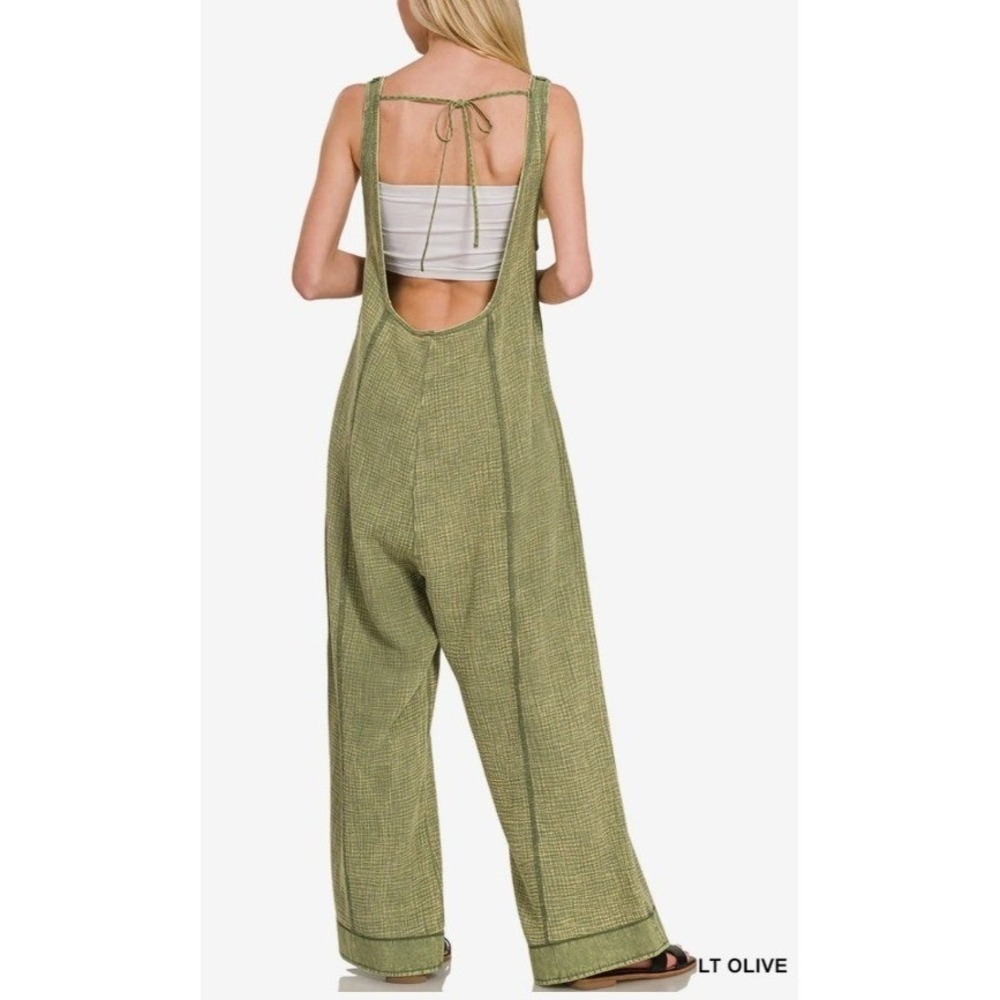 Zenana Double Gauze Washed Wide Leg Overalls Lt Olive Green Jumpsuit Small - Picture 3 of 12